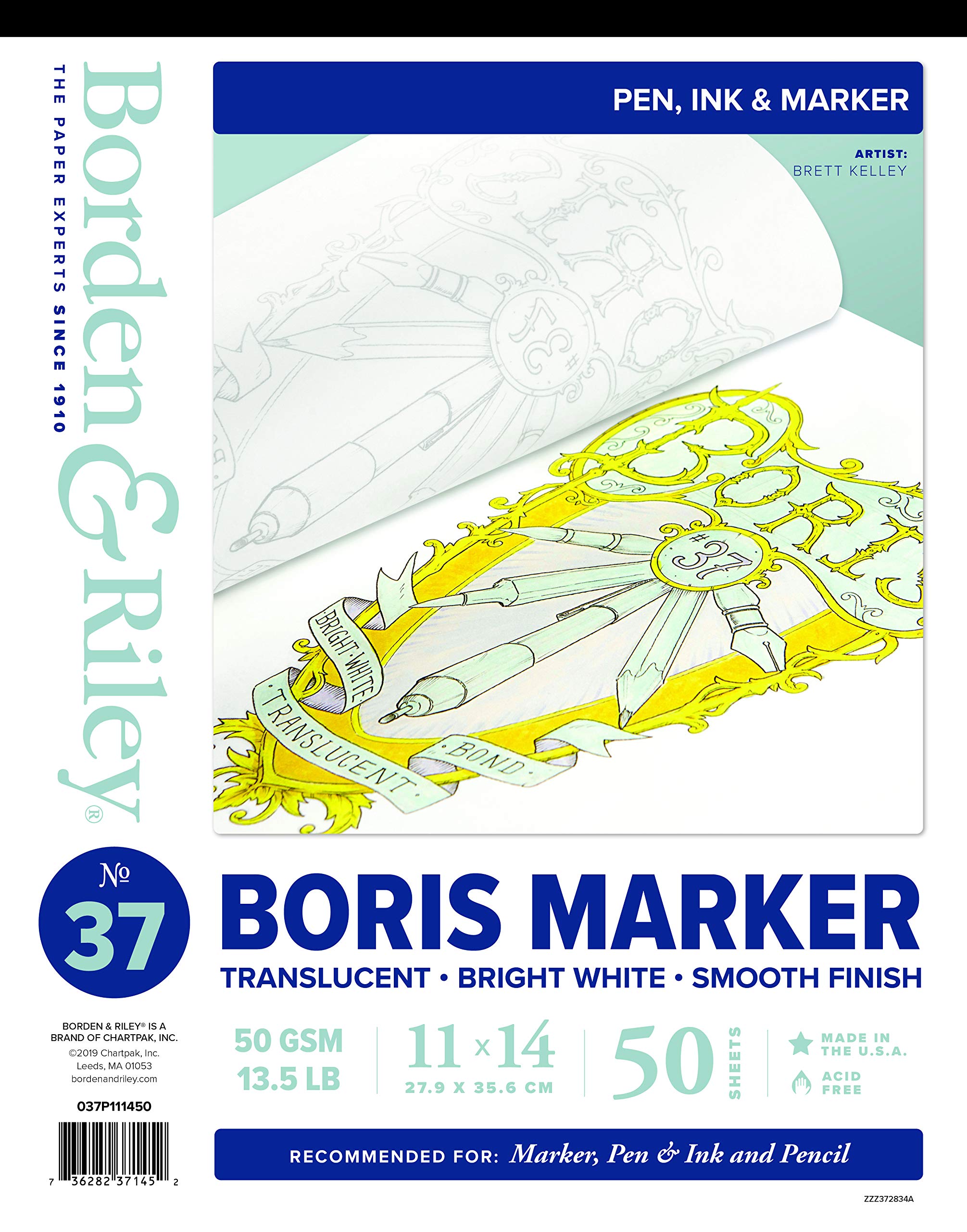 Borden & Riley 11" x 14" #37 Boris Marker Layout Bright White Translucent Bond Paper Pad, 50 GSM/13.5 LB, 50 Sheets, 1 Pad Each (037P111450)