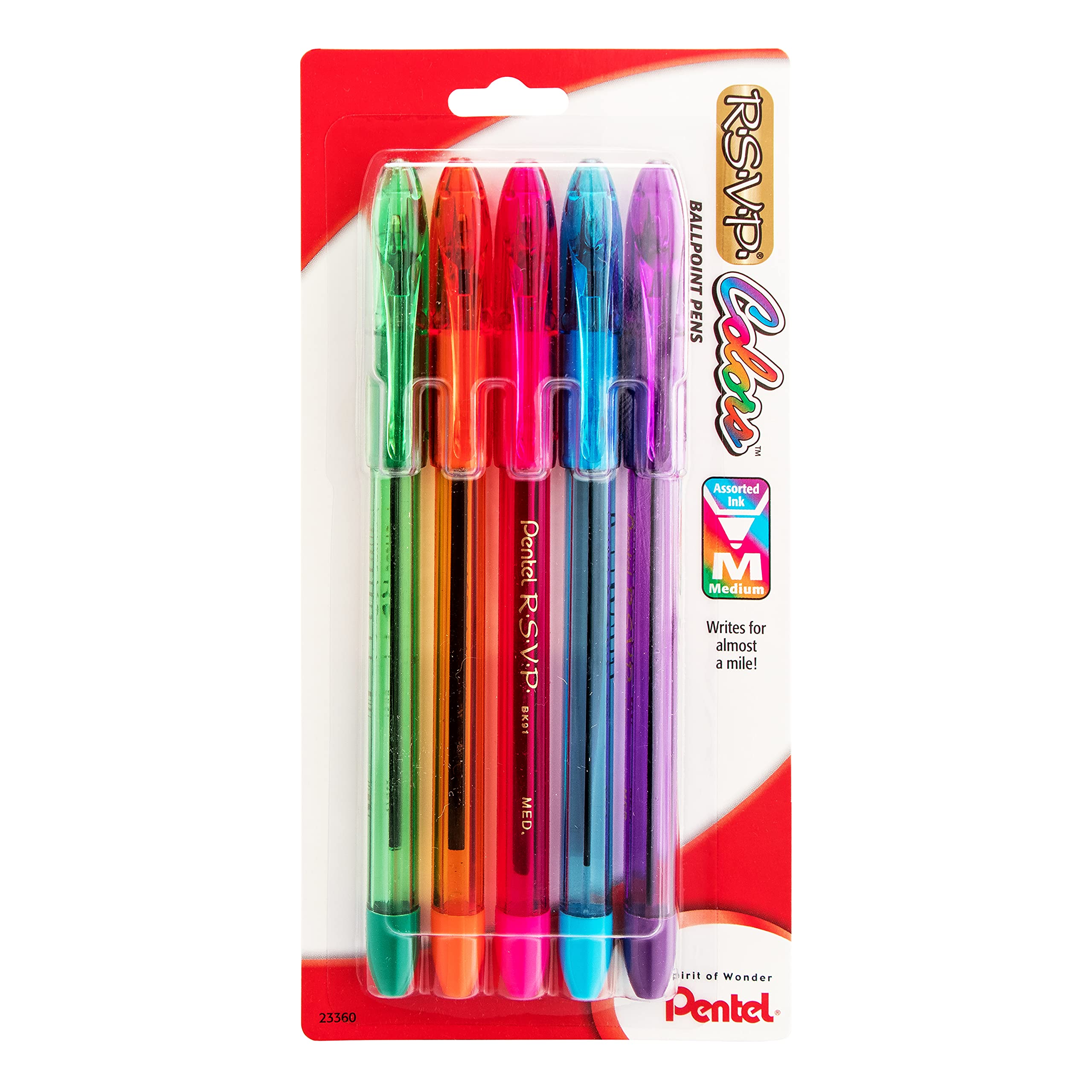Pentel R.S.V.P. Colors Ballpoint Pen, Medium, Assorted Ink, Pack of 5 (BK91CRBP5M)
