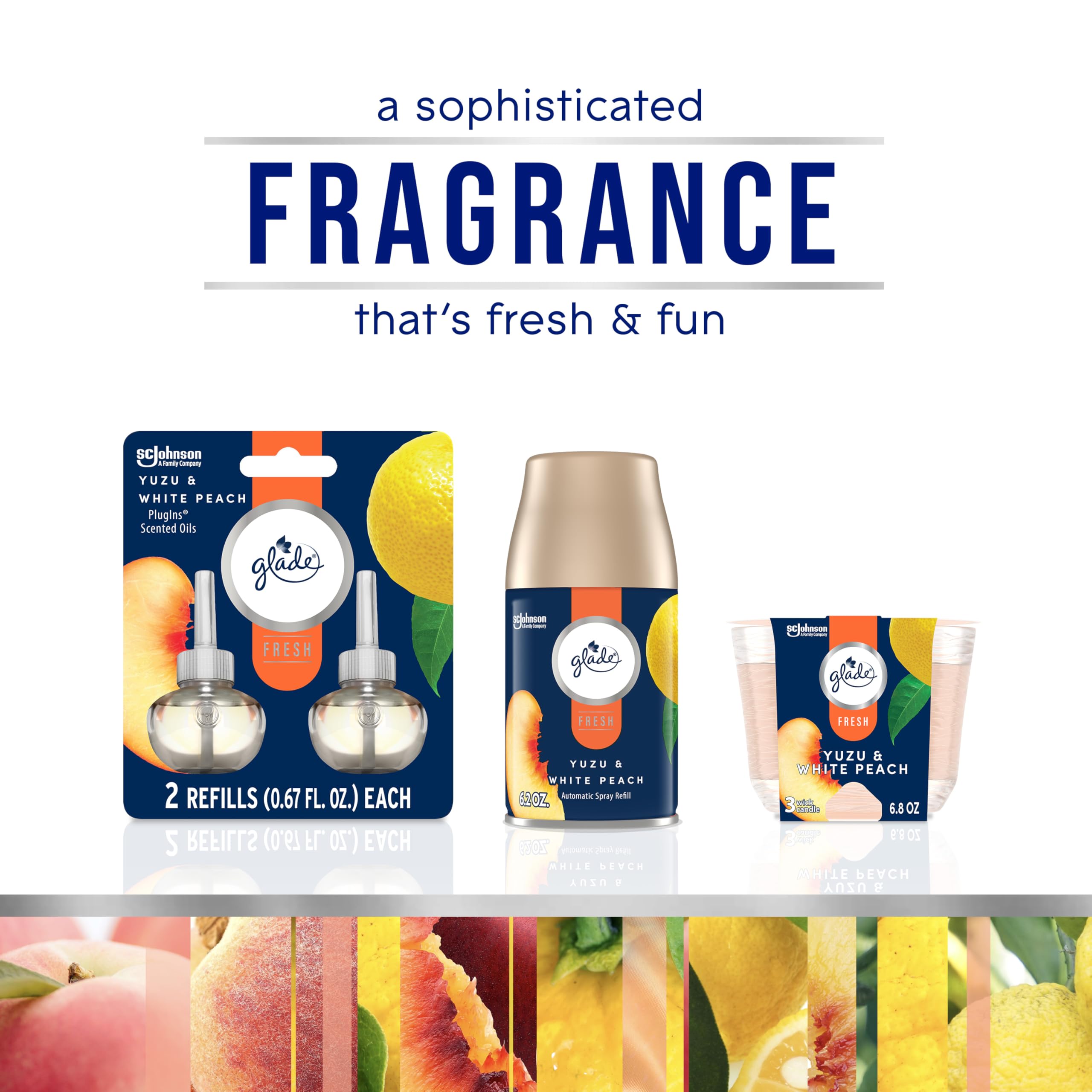 Glade PlugIns Refills Air Freshener, Scented and Essential Oils for Home and Bathroom, Yuzu & White Peach, Fresh Collection 1.34 Fl Oz, 2 Count