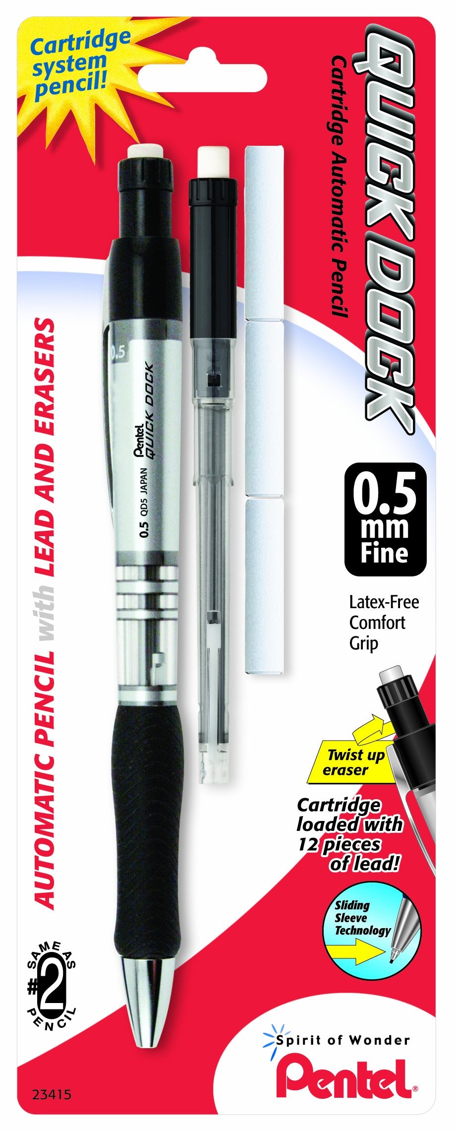 Pentel Quick Dock Automatic Pencil with Refill Cassette and 3 Erasers, 0.5mm, 1 Pack (QD5ELE3BP)
