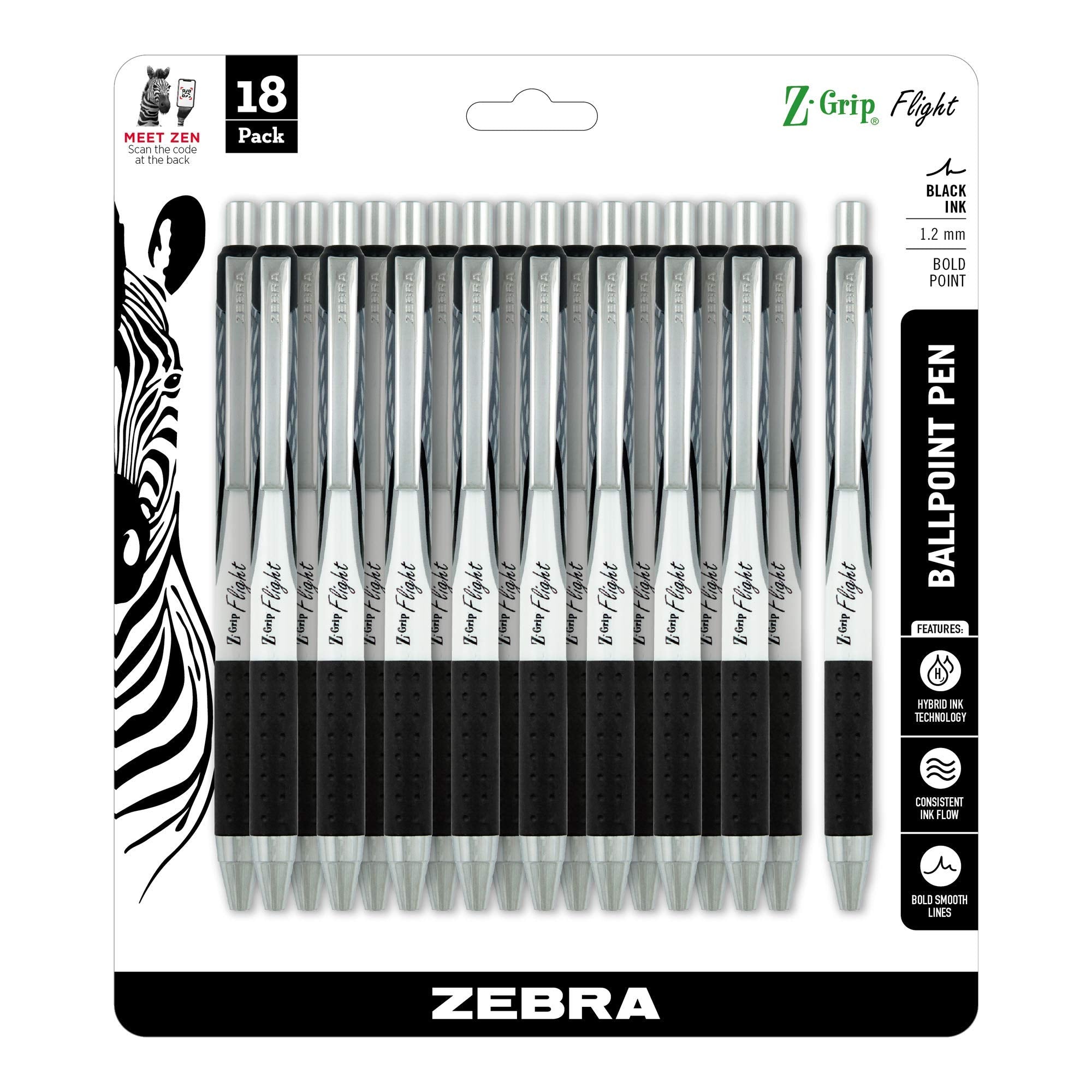 Zebra Pen Z-Grip Flight Retractable Ballpoint Pen, Bold Point, 1.2mm, Black Ink, 18-Pack (21118)