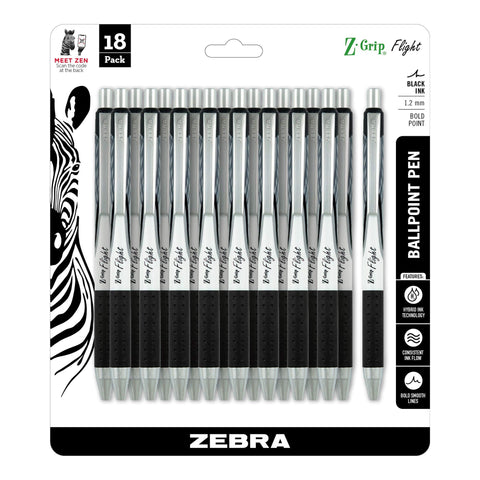 Zebra Pen Z-Grip Flight Retractable Ballpoint Pen, Bold Point, 1.2mm, Black Ink, 18-Pack (21118)