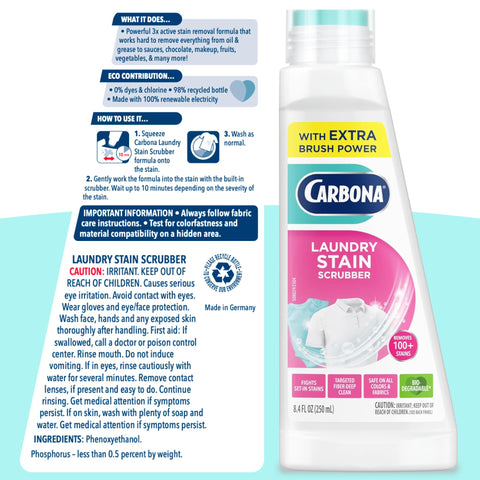 Carbona Laundry Stain Scrubber & Remover (8.4 Fl Oz), Extra-Strength Bio-Enzyme Formula, Brush-Top Applicator for Fiber-Deep Clean, Fast & Easy