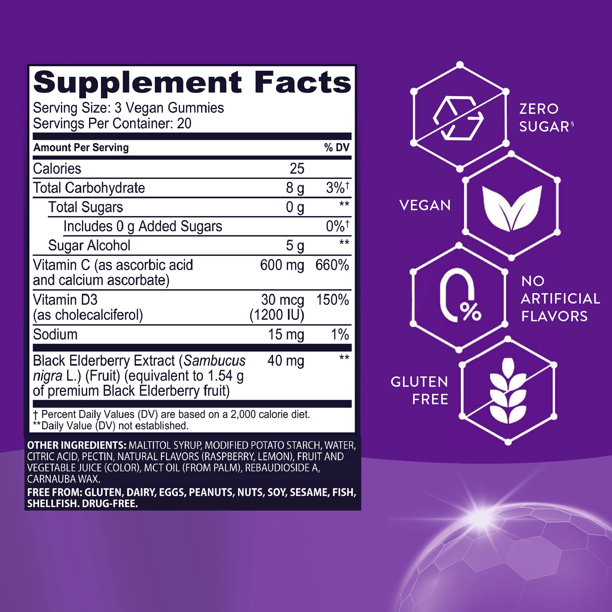 Sambucol Black Elderberry Zero Sugar Triple Immunity Gummies - Daily Vitamin C & Vitamin D, Sugar Free Black Elderberry Gummies for Adults and Kids, Chewable Berry Supplement - 60 Count