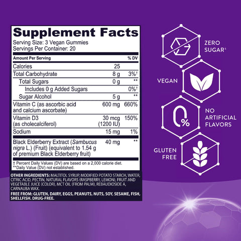 Sambucol Black Elderberry Zero Sugar Triple Immunity Gummies - Daily Vitamin C & Vitamin D, Sugar Free Black Elderberry Gummies for Adults and Kids, Chewable Berry Supplement - 60 Count