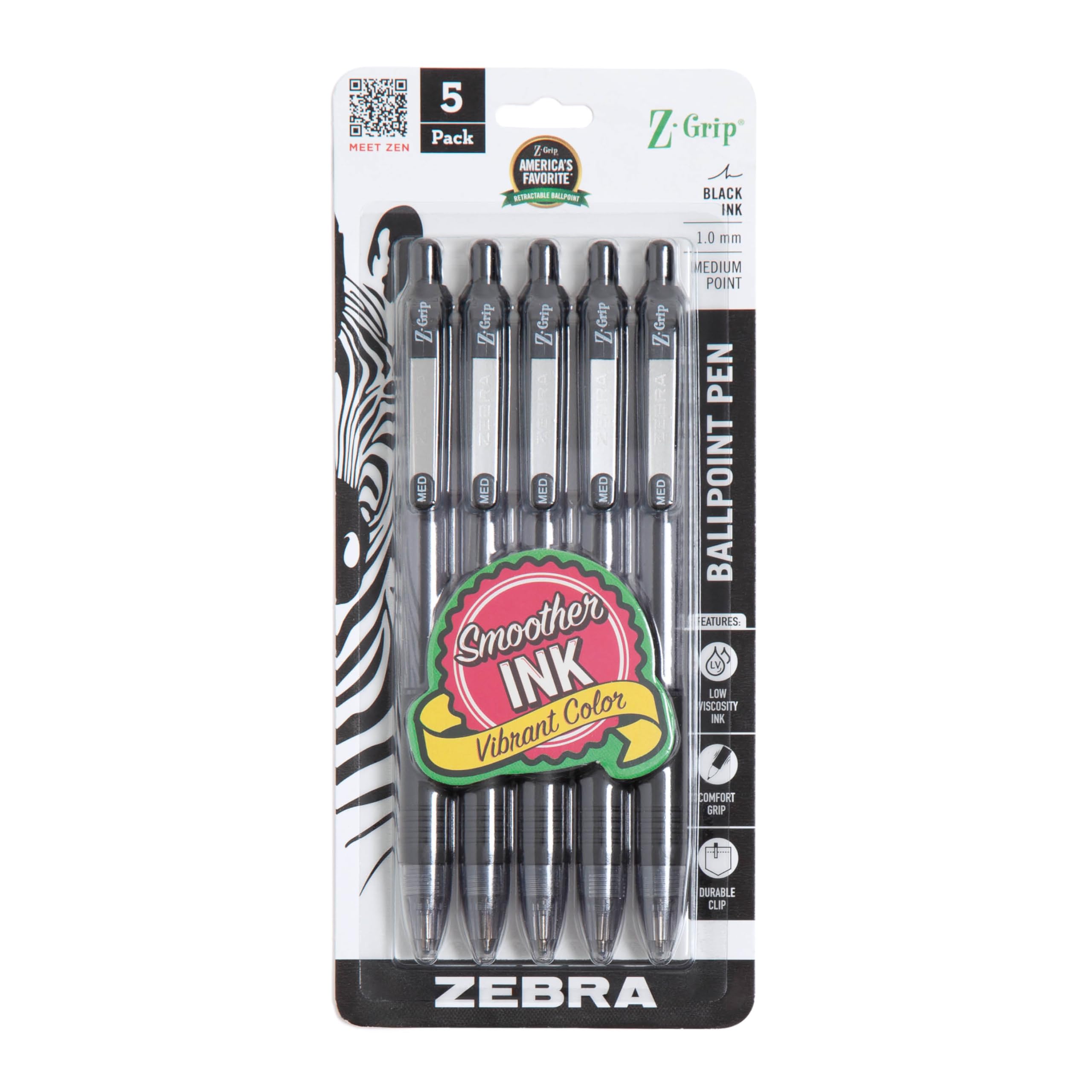Zebra Pen Z-Grip Retractable Ballpoint Pen, Smooth-Flowing Black Ink, 1.0mm Medium Point, School & Office Supplies, Ideal for Note-Taking, Journal and Planner Use, 5-Pack (22215)