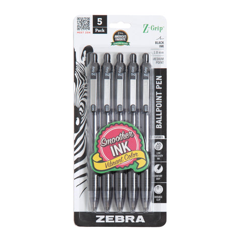 Zebra Pen Z-Grip Retractable Ballpoint Pen, Smooth-Flowing Black Ink, 1.0mm Medium Point, School & Office Supplies, Ideal for Note-Taking, Journal and Planner Use, 5-Pack (22215)