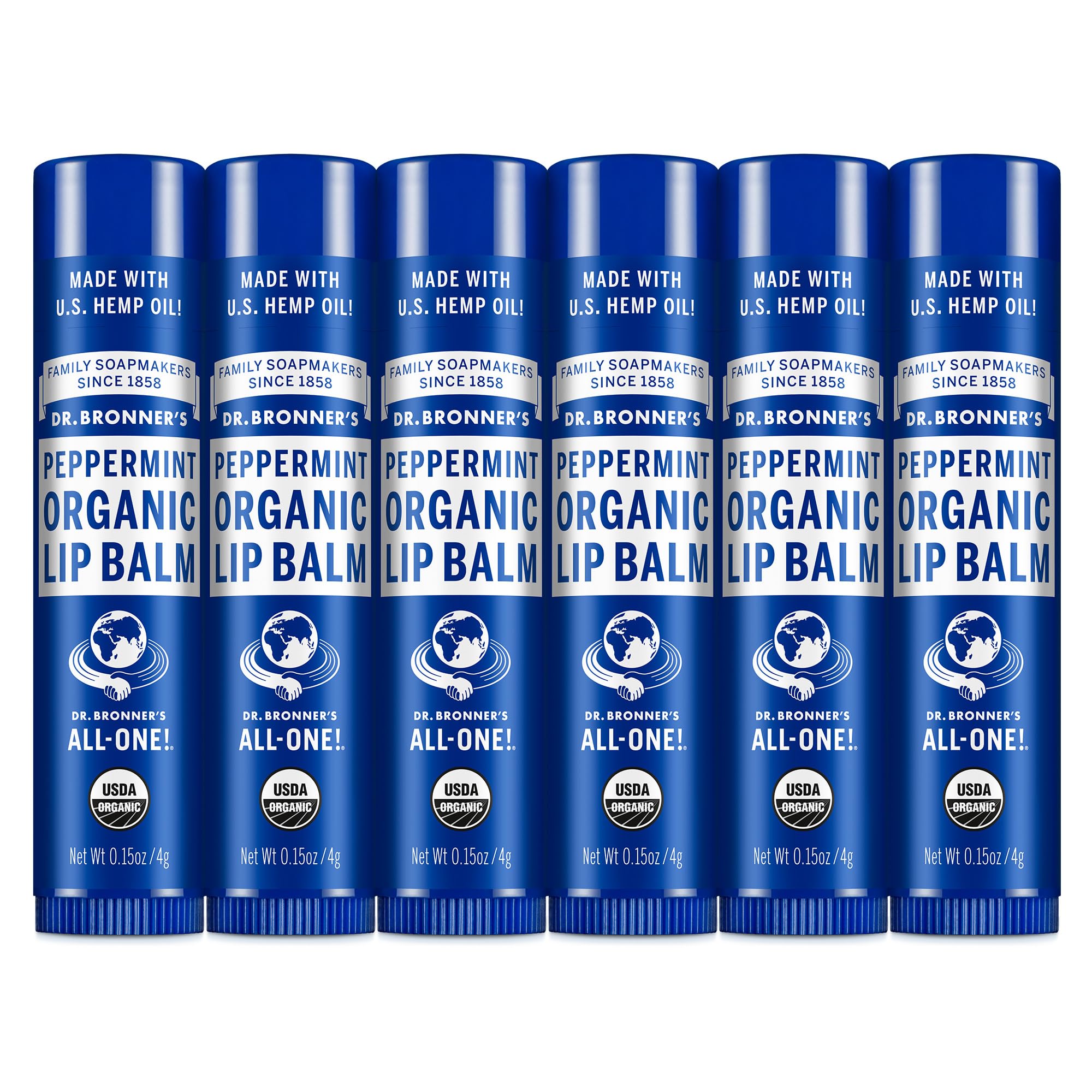 Dr. Bronner's - Organic Lip Balm (Peppermint, .15 ounce, 6-Pack) - Made with Organic Beeswax and Avocado Oil, For Dry Lips, Hands, Chin or Cheeks, Jojoba Oil for Added Moisture, Cooling and Hydrating