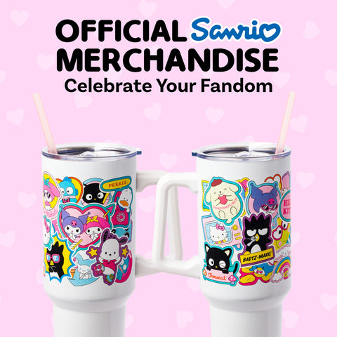 Silver Buffalo Sanrio Hello Kitty & Friends Cinnamoroll, Kuromi, Chococat, Badtz-Maru, Keroppi, Sticker Double Walled Stainless Steel Tumbler w Handle and Straw, Fits in Standard Cup Holder, 40 Ounces