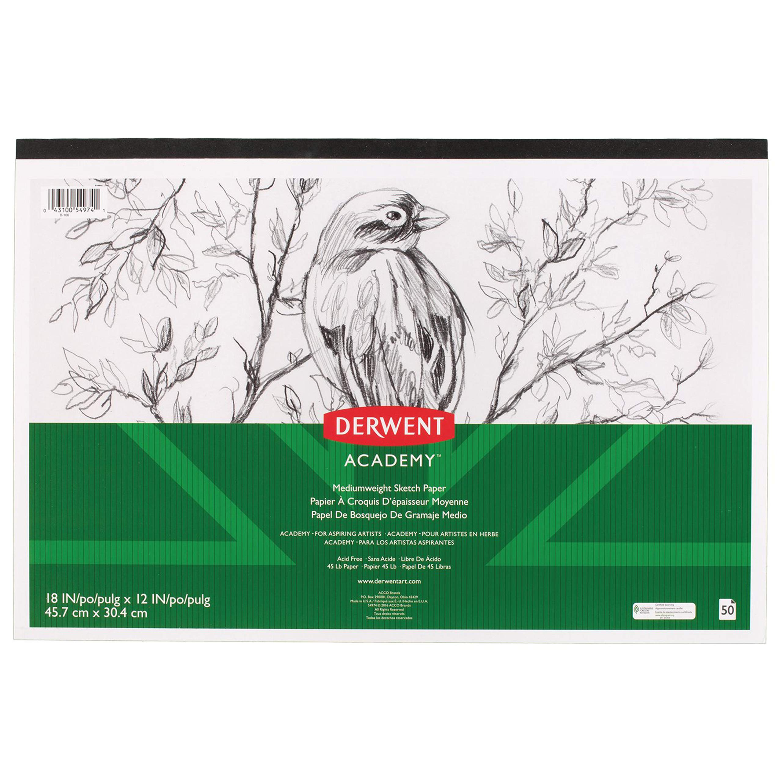Derwent Academy Sketch Paper Pad, 50 Sheets, 18" x 12", Mediumweight (54974)