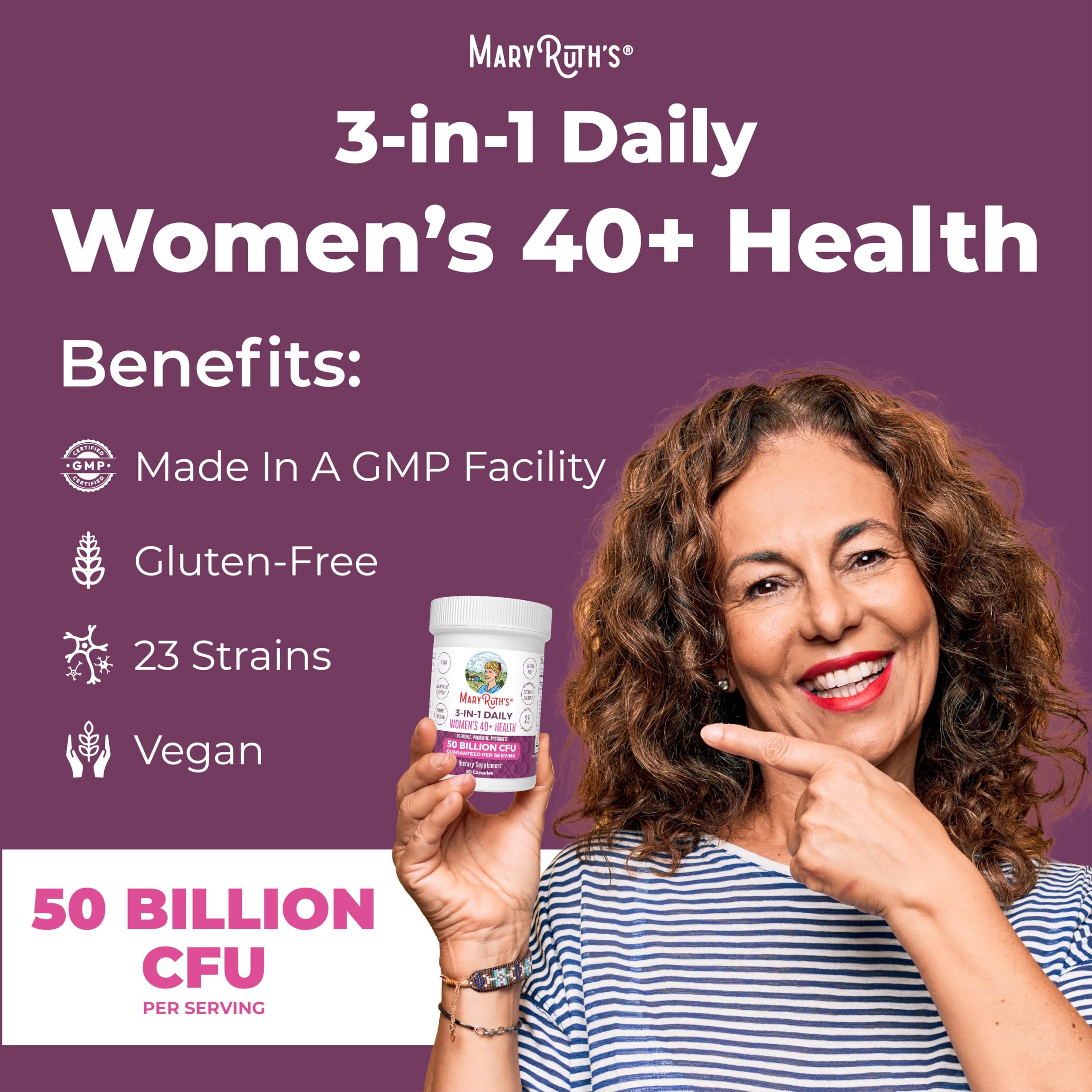 MaryRuth's 3-in-1 Daily Health 40+ Probiotics for Women | Hormonal & Menopause Support Supplement for Women | Gut Health Capsules | 50 Billion CFU | Allergen Free | 30 Ct