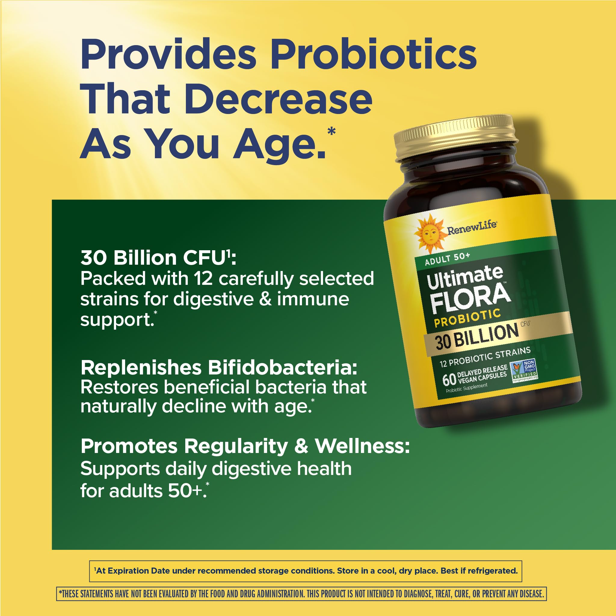 Renew Life Probiotic Adult 50 Plus Probiotic Capsules, Daily Supplement Supports Urinary, Digestive and Immune Health, L. Rhamnosus GG, Dairy, Soy and gluten-free, 30 Billion CFU, 60 Count