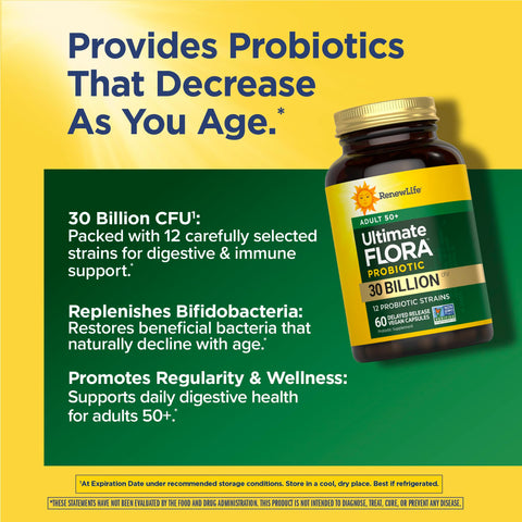 Renew Life Probiotic Adult 50 Plus Probiotic Capsules, Daily Supplement Supports Urinary, Digestive and Immune Health, L. Rhamnosus GG, Dairy, Soy and gluten-free, 30 Billion CFU, 60 Count