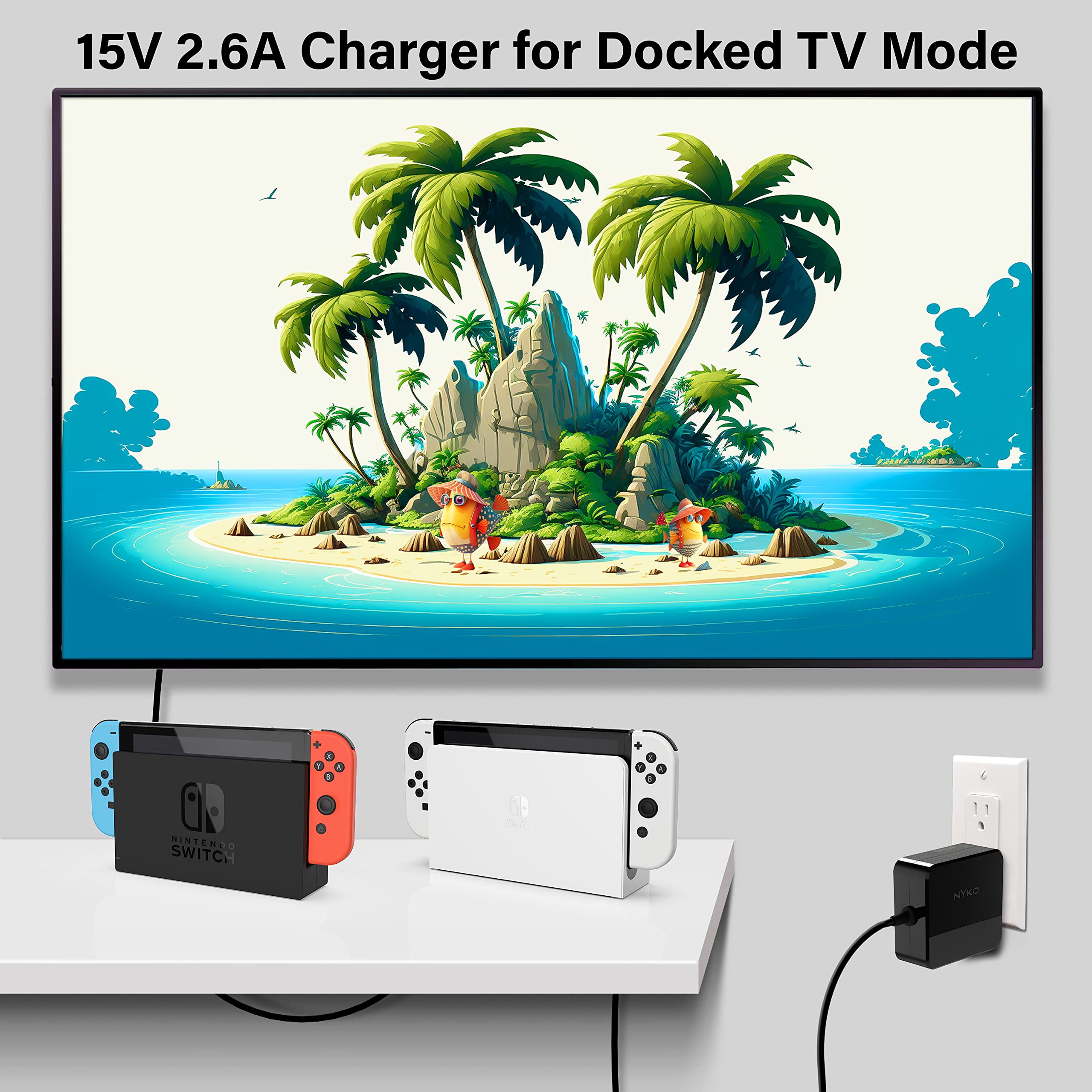 Nyko 39W USB-C Fast Charger for Nintendo Switch - Supports TV Dock Mode, 15V, 2.6A Charger with 8ft Cord for Rapid Charging - Works with Steam Deck and Other Type-C Devices