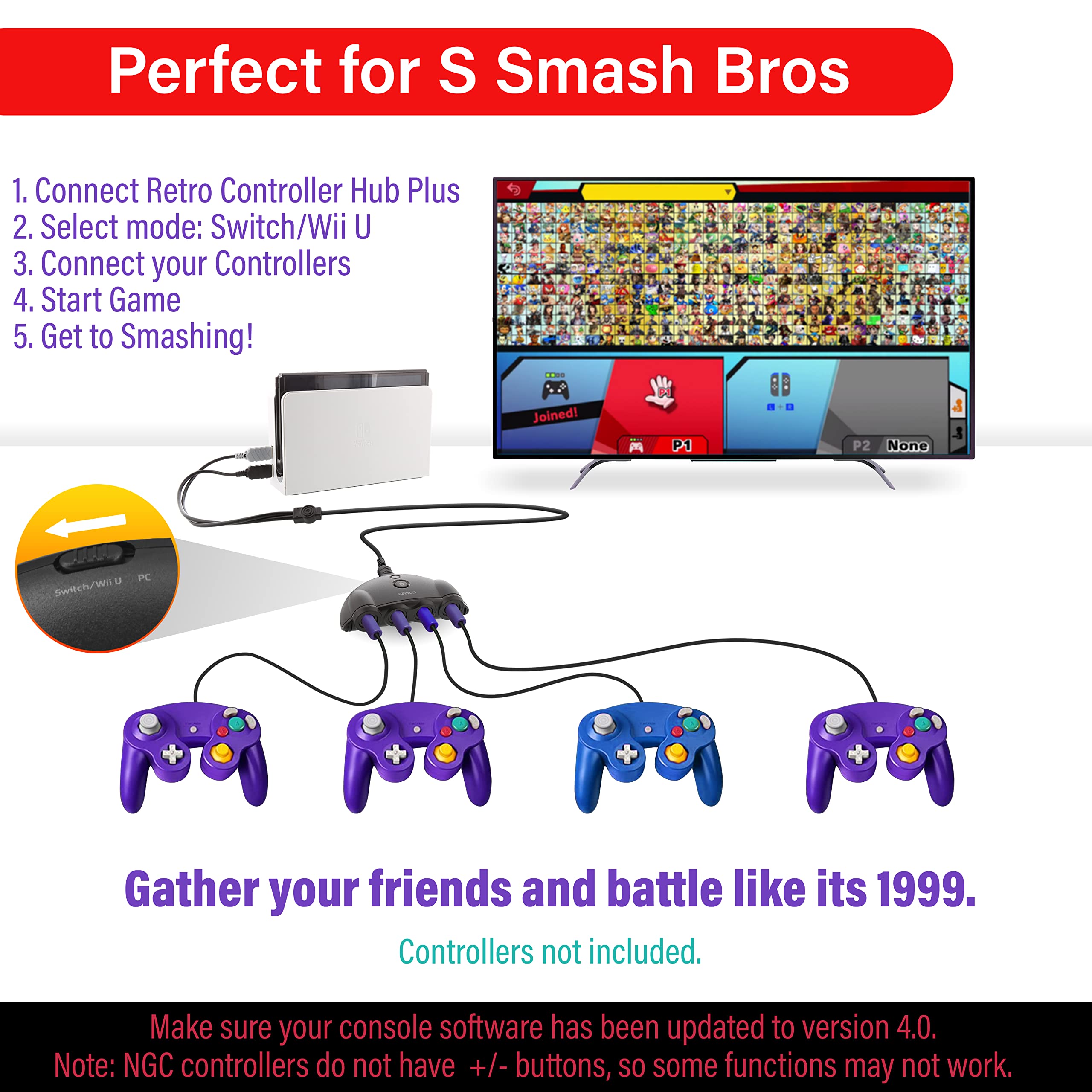 Nyko Retro Controller Hub Plus – 4 Port Gamecube Controller Adapter with Turbo and Home Button for Nintendo Switch (87274)