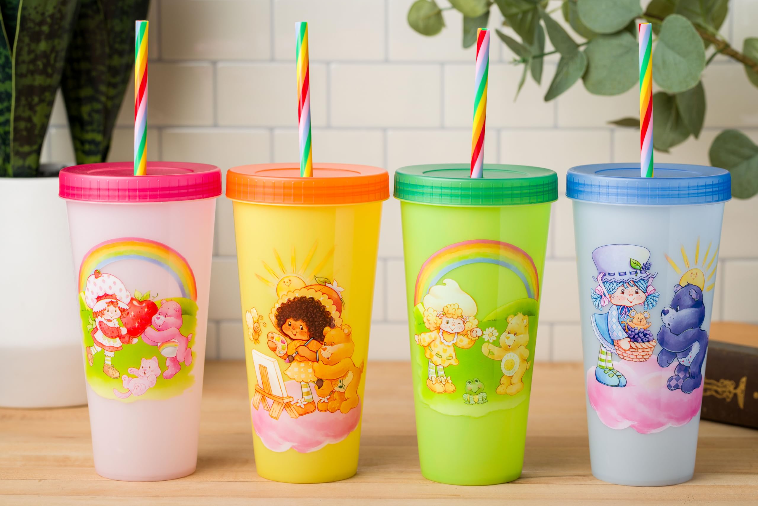 Silver Buffalo Care Bears Strawberry Shortcake Color Change Plastic Tumbler 4 Pack Featuring Orange Blossom Lemon Meringue Cheer Funshine Friend Blueberry Muffin Grumpy, 24 Ounces