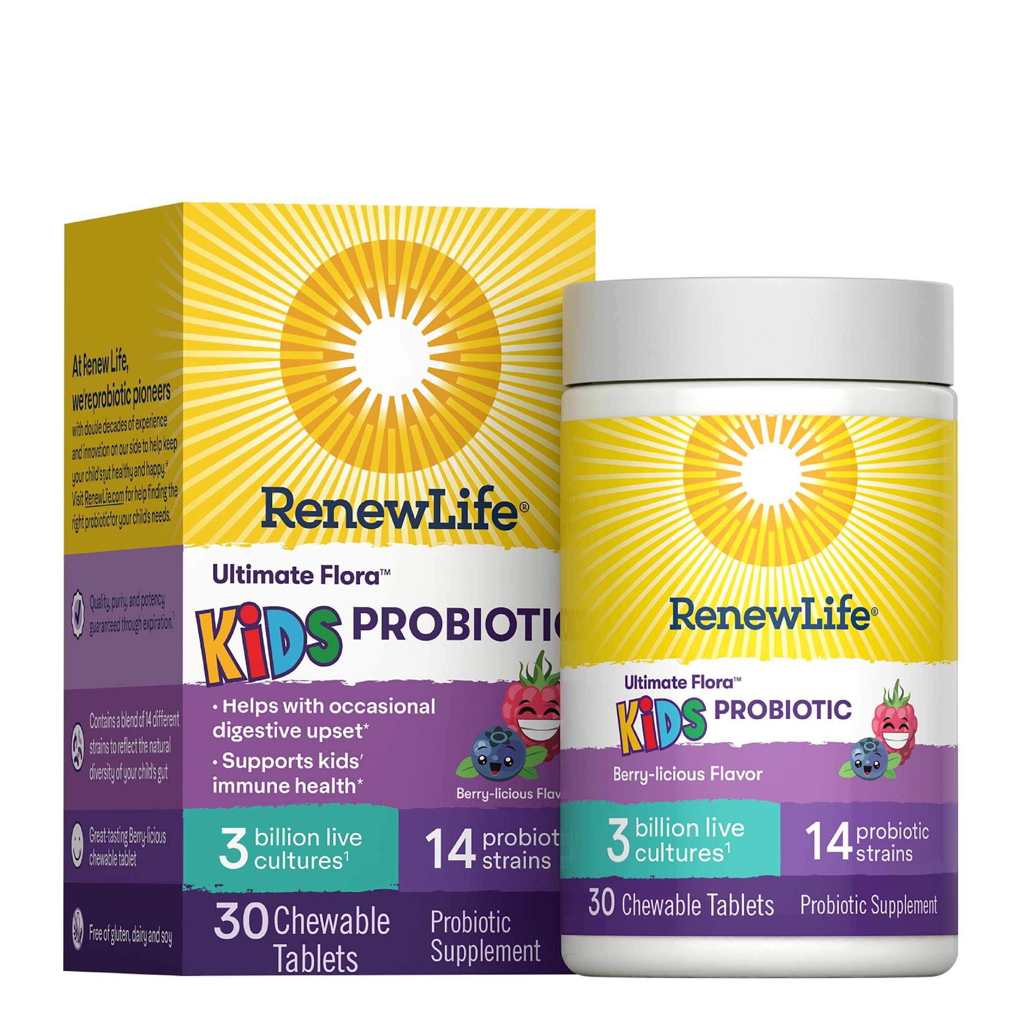 Renew Life Kids Probiotic Chewables, Supports Digestive & Immune Health, Prebiotics & Probiotics, Raspberry, 30 Chewable Tablets