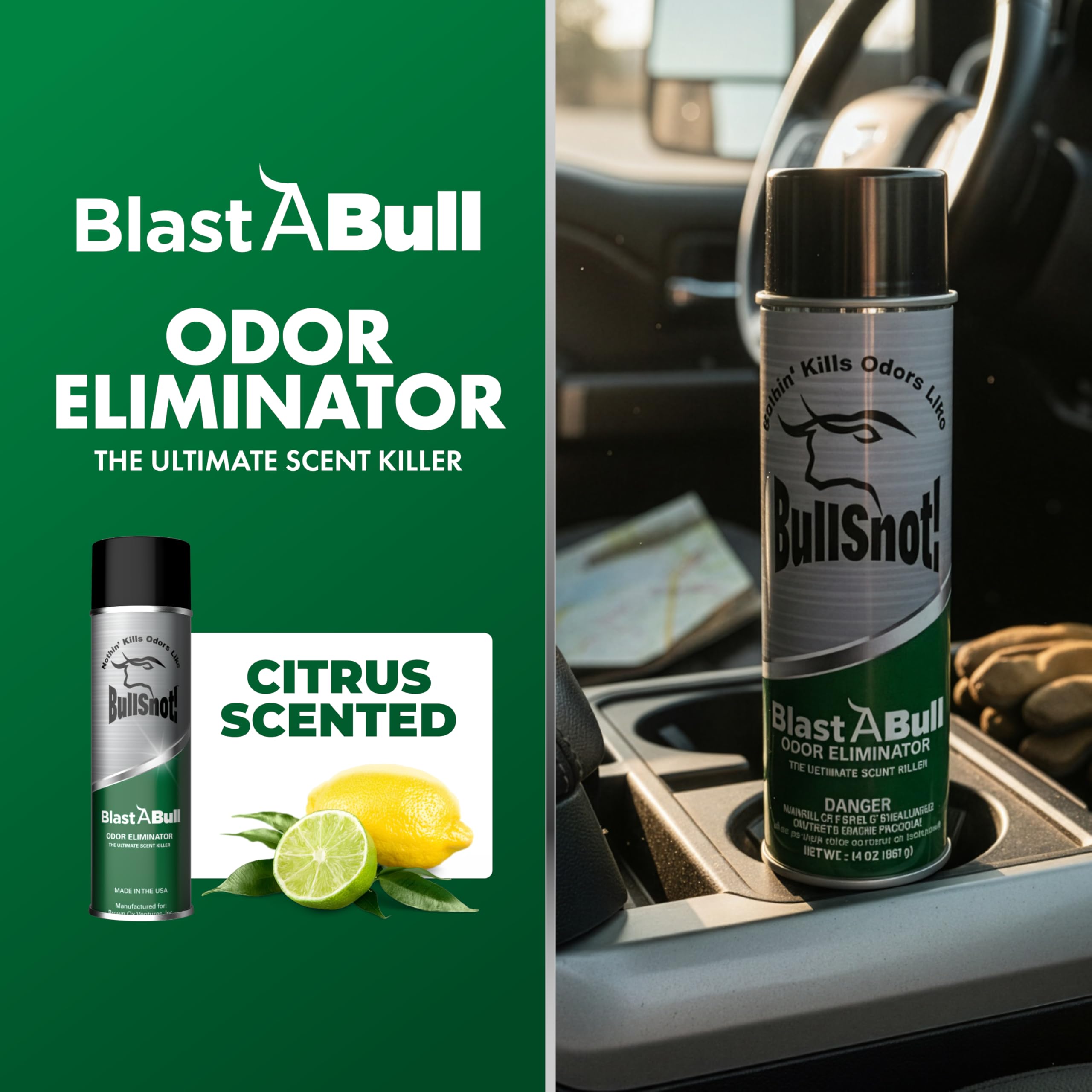 BullSnot BlastABull Odor Eliminator – Powerful Car & Home Smell Neutralizer. Eliminates Pet, Food, Tobacco, and Mold Odors. Safe for Carpets, Upholstery, Fabrics. Made in the USA.