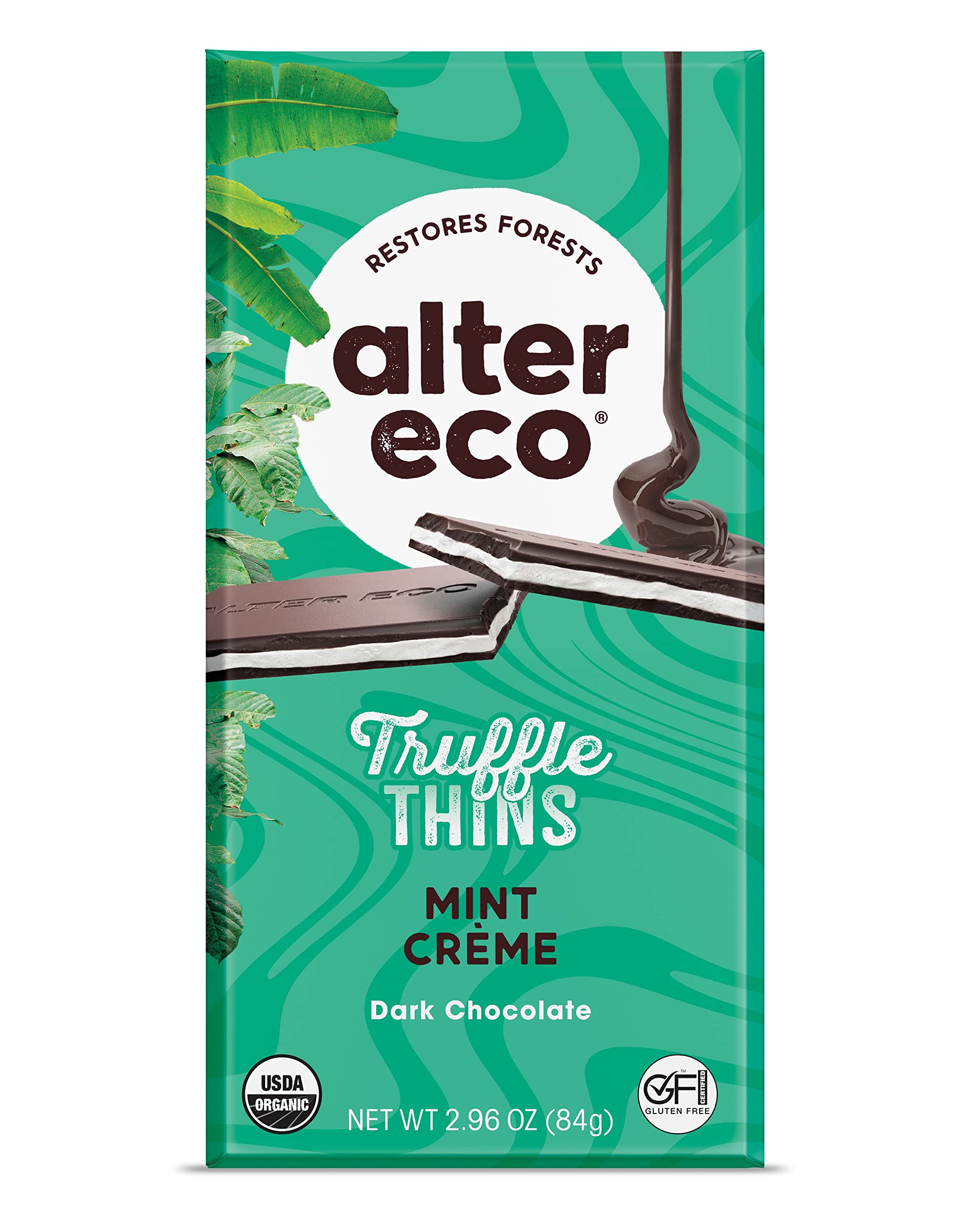 Alter Eco Mint Creme Truffle Thins, Chocolate Bar with Gooey Ganache Truffle Filling, Gluten-Free, Non-GMO Snacks, No Additives or Artificial Sweeteners, Fair Trade, Recyclable Packaging (1-Pack Mint Creme)