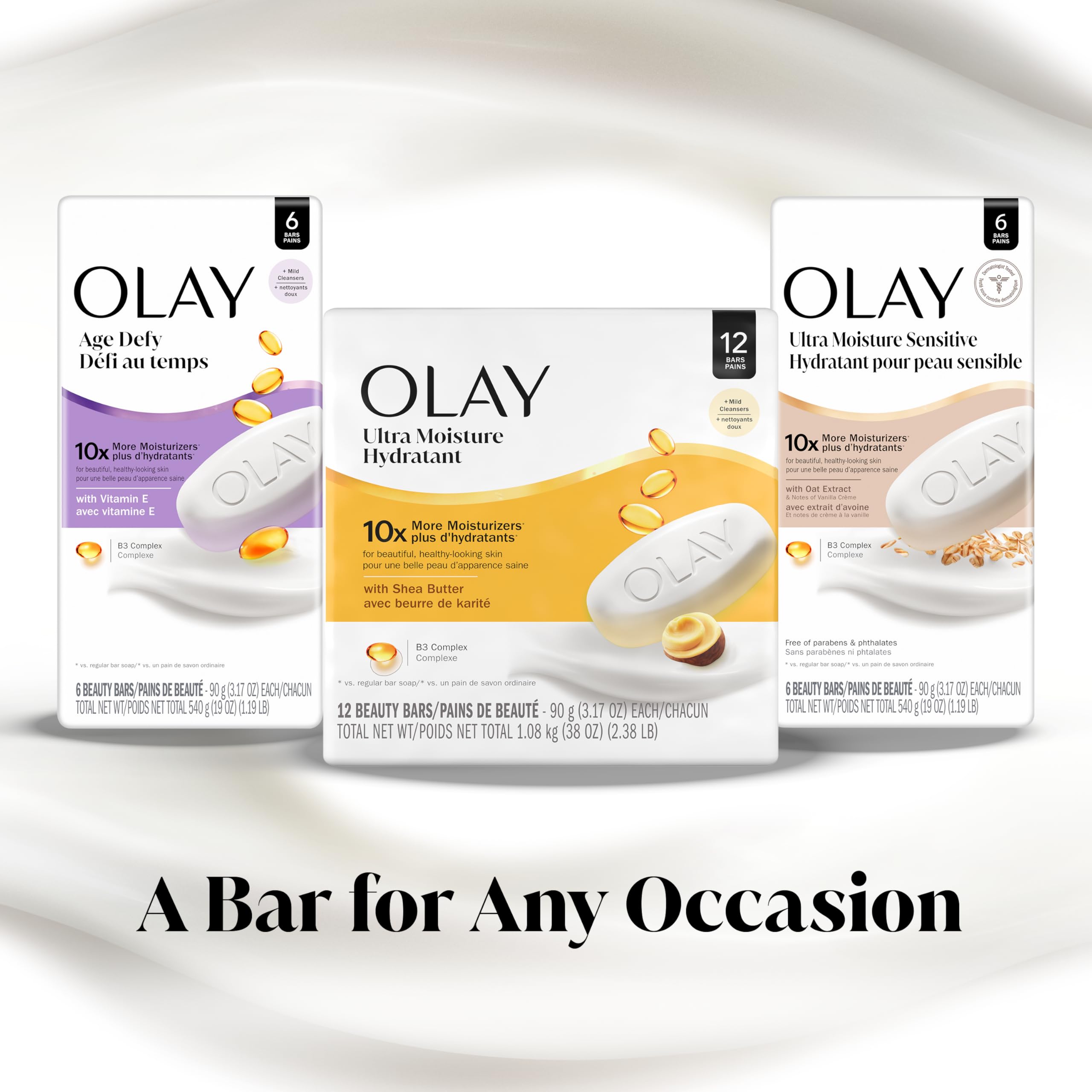 Olay Beauty Bar, Age Defying, 10x More Moisturizers, Smooth & Gentle on Skin, Vitamin E & Vitamin B3 Complex, For All Skin Types, Shea Butter Scent, 3.17 oz, (Pack of 6)