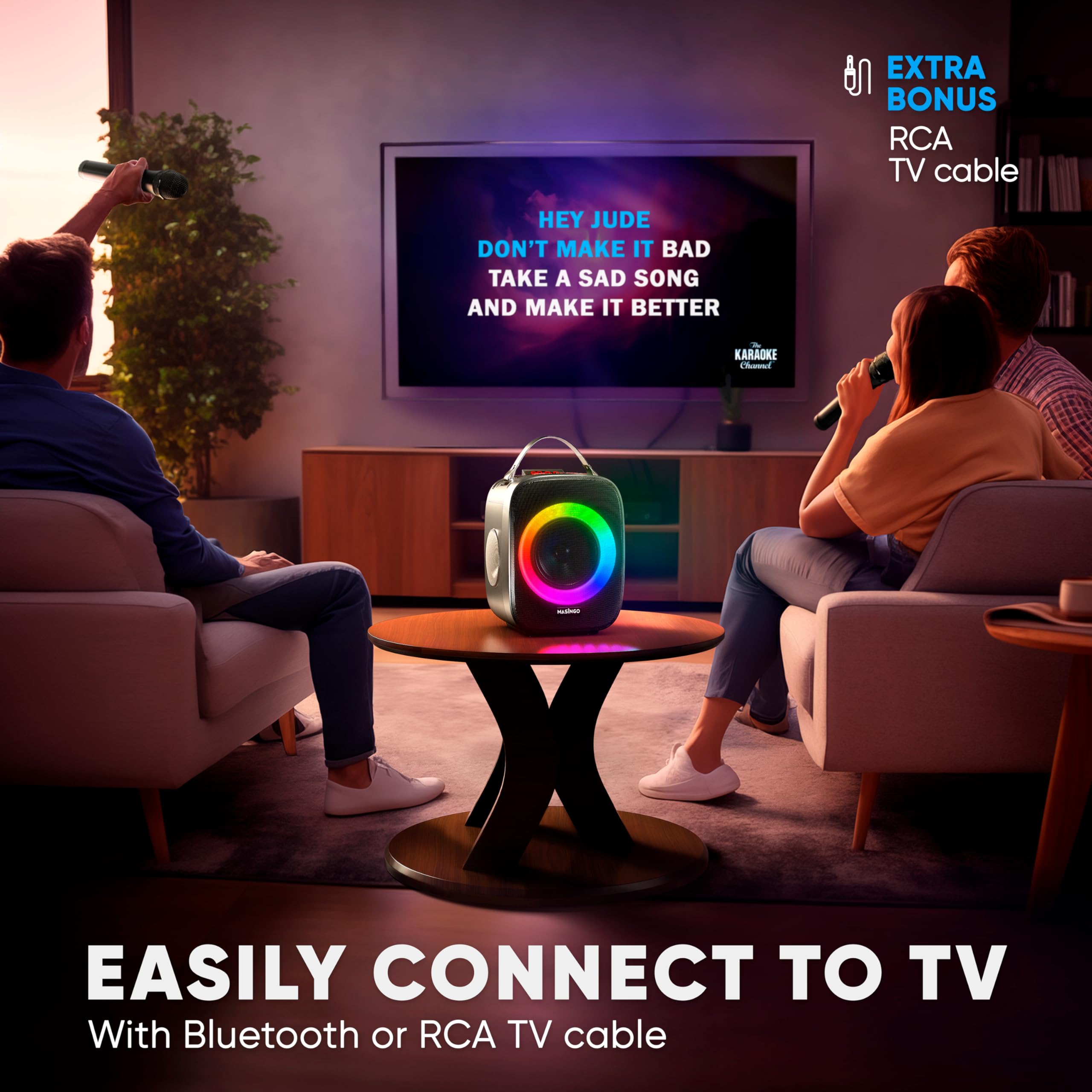 MASINGO Karaoke Machine for Kids and Adults with 2 Wireless Bluetooth Microphones, Portable 3D Sound Speaker with Colorful LED Lights, Supports TF Card/USB, AUX in, FM, TWS for Home Party, Cantando C2