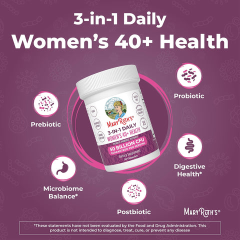 MaryRuth's 3-in-1 Daily Health 40+ Probiotics for Women | Hormonal & Menopause Support Supplement for Women | Gut Health Capsules | 50 Billion CFU | Allergen Free | 30 Ct