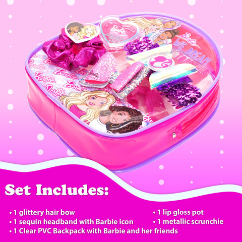 Barbie - Townley Girl Backpack Cosmetic Makeup Gift Bag Set Includes Hair Accessories and Printed PVC Back-Pack for Kids Girls, Ages 3+ Perfect for Parties, Sleepovers and Makeovers