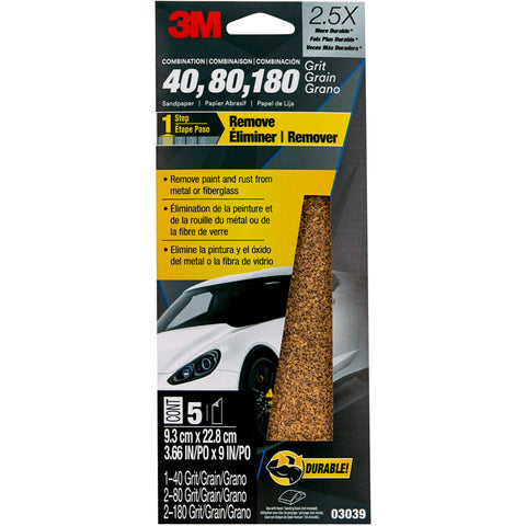 3M Sandpaper, 03039, Assorted Grits (40, 80, 120), 3 2/3 in x 9 in, 5 Sheets