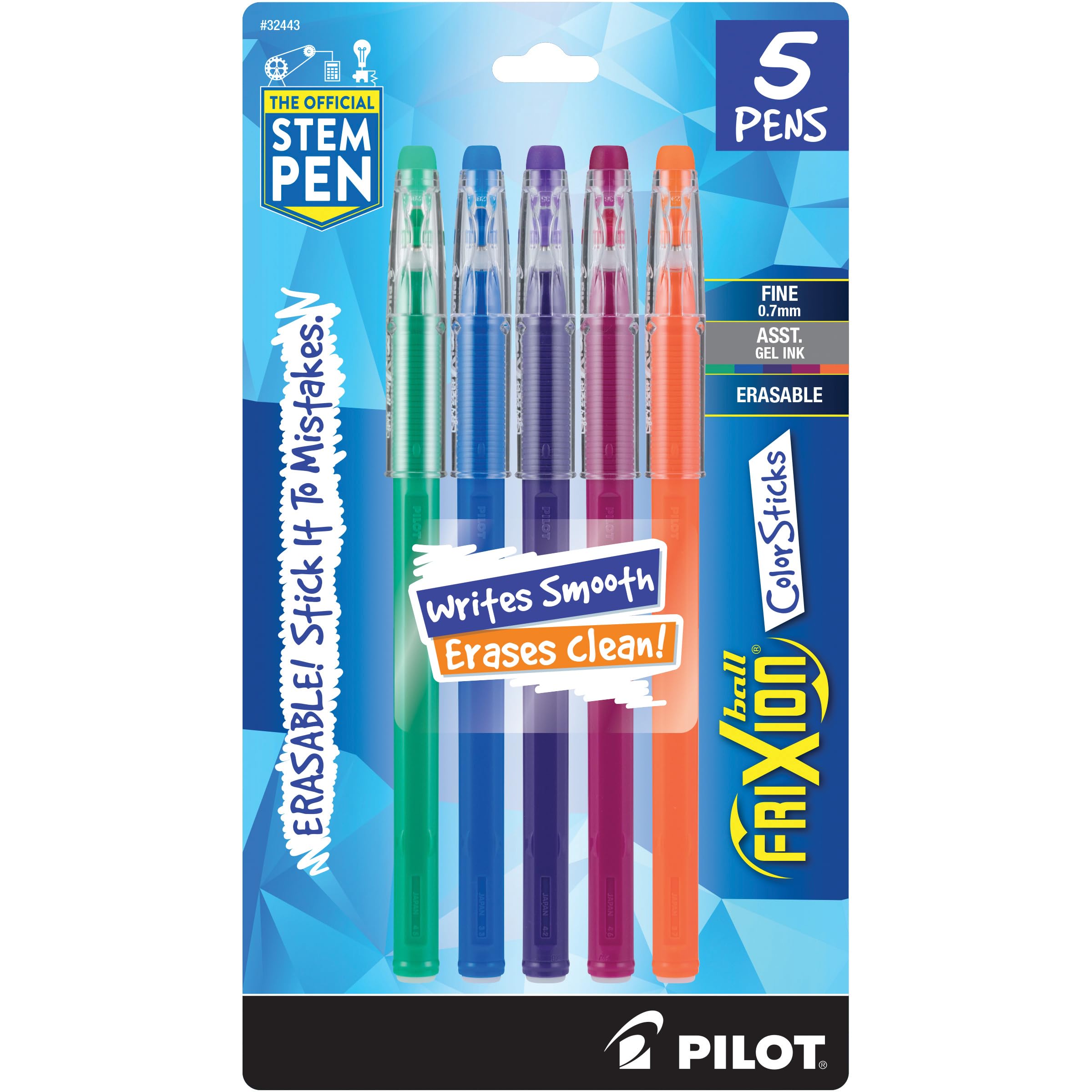 Pilot, FriXion ColorSticks Erasable Gel Ink Pens, Fine Point 0.7 mm, Pack of 5, Kelly Green, Blue, Purple, Magenta & Salmon Pink