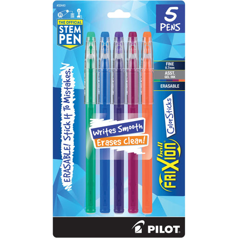 Pilot, FriXion ColorSticks Erasable Gel Ink Pens, Fine Point 0.7 mm, Pack of 5, Kelly Green, Blue, Purple, Magenta & Salmon Pink