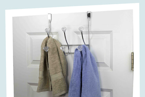 Home Basics 3 Hook Over the Door Hooks with Crystal Knobs, Organize Clothes, Coats, Robes, Towels For Bedroom, Bathroom Or Closet, Chrome
