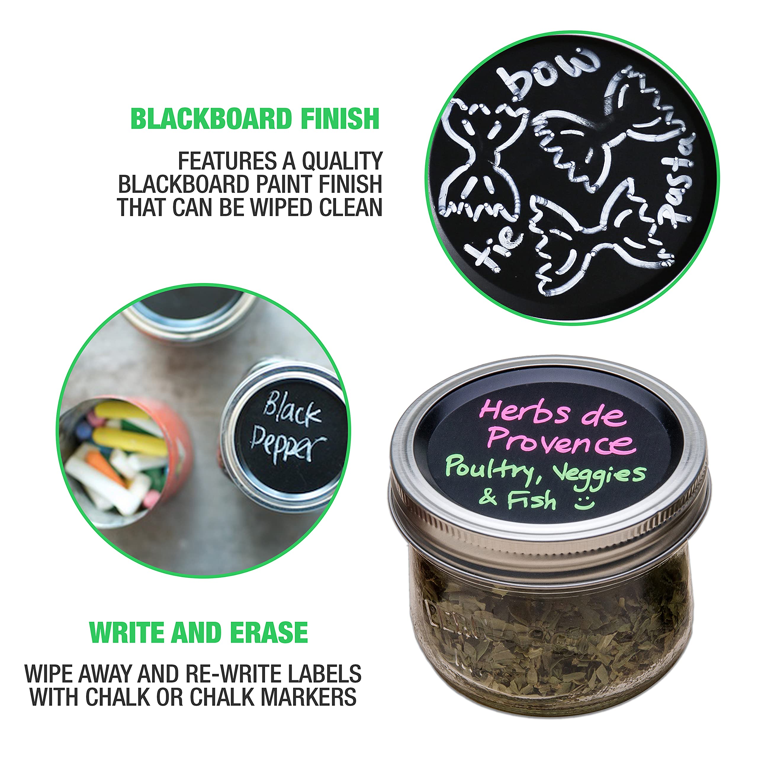 Chalk Tops - Reusable Chalkboard Lids for Mason Jars - 8 Pack - Wide Mouth