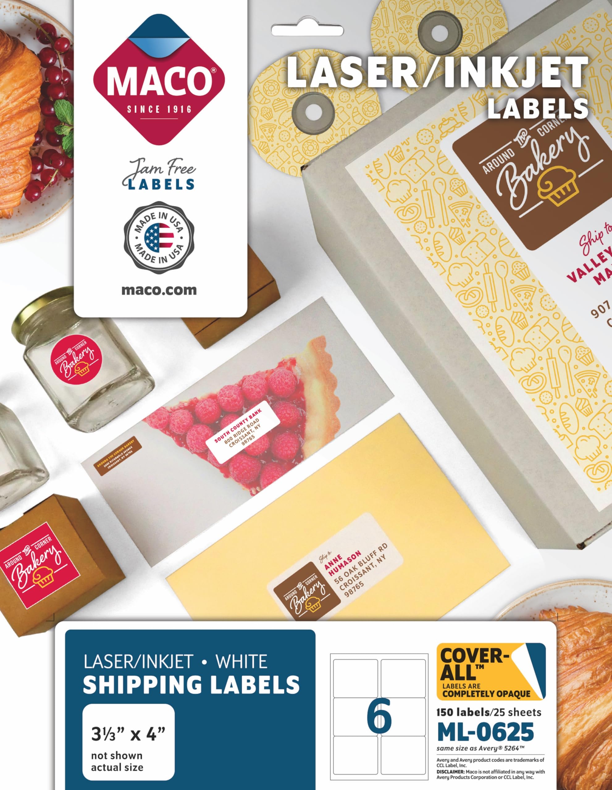 MACO Laser/Ink Jet White COVER-ALL Shipping Labels, 3-1/3" x 4", 6 per Sheet, 150 per Pack (ML-0625)