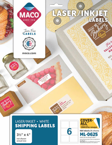 MACO Laser/Ink Jet White COVER-ALL Shipping Labels, 3-1/3" x 4", 6 per Sheet, 150 per Pack (ML-0625)