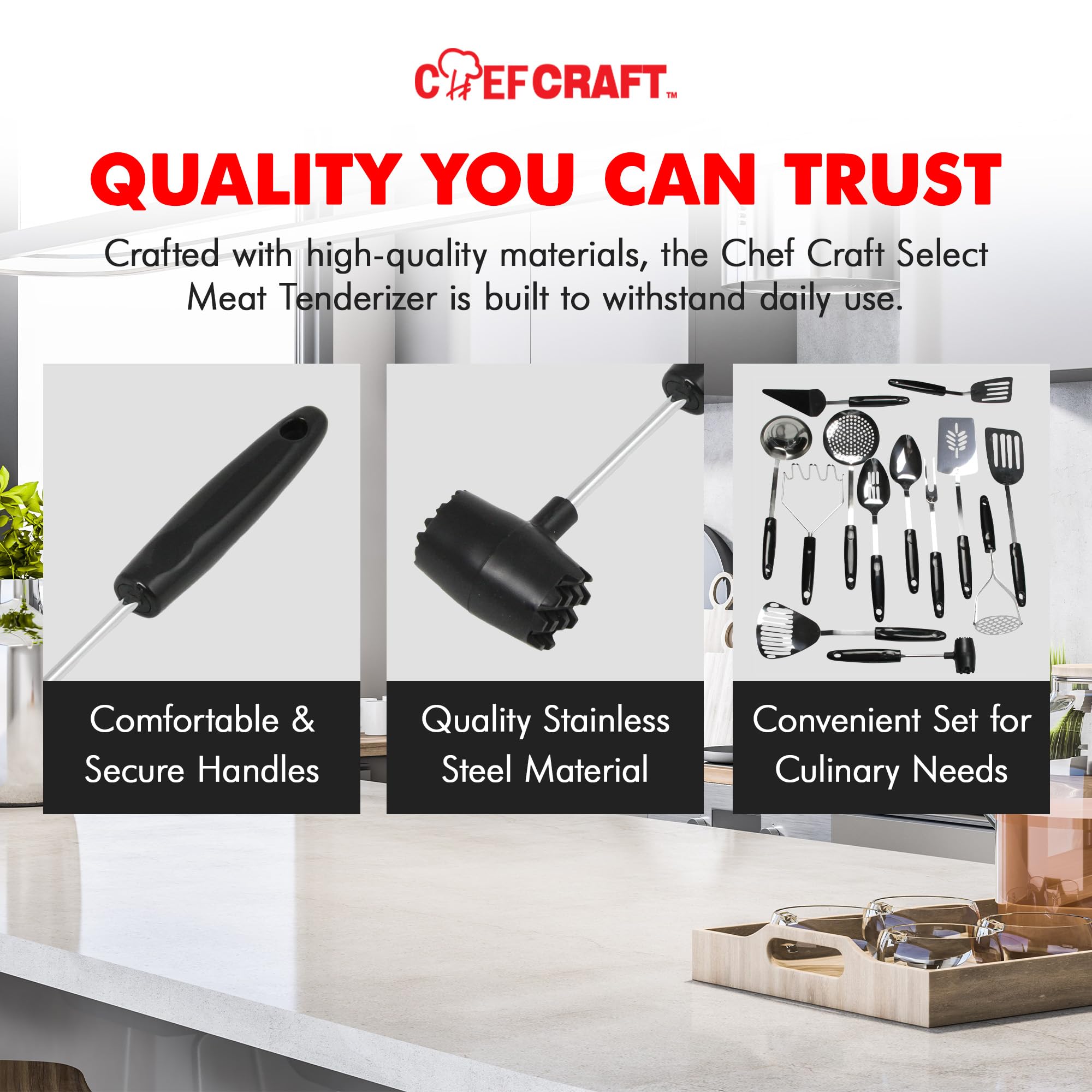 Chef Craft Select Meat Tenderizer, 9.5 inch, Stainless Steel/Black