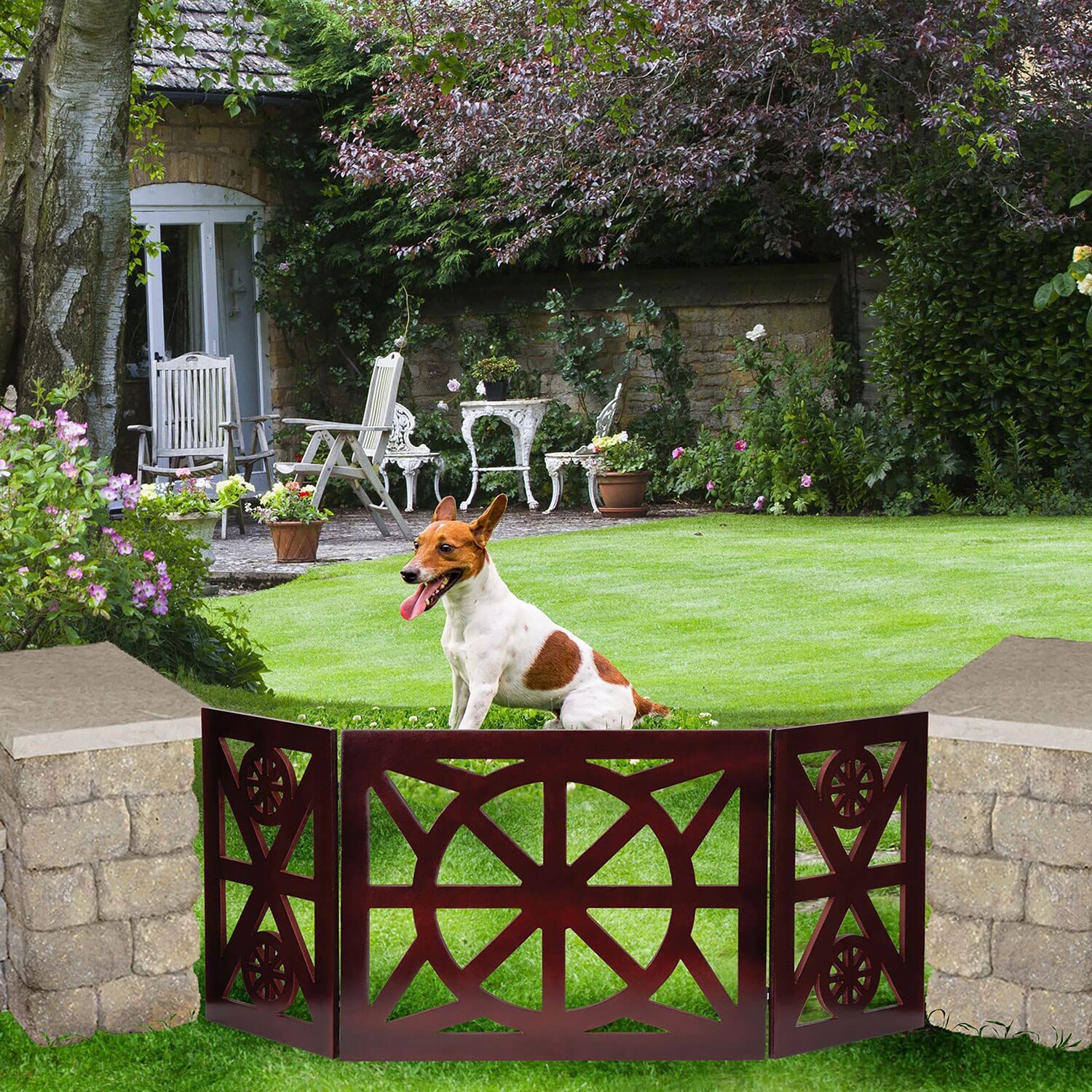 Etna 3 Panel Dog Gate - Trifold Wagon Wheel, Freestanding, Lightweight Foldable, Mahogany Wood, Brown, 48" W x 19" H