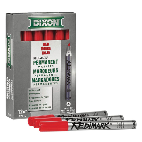 DIXON Industrial RediMark Permanent Markers, Chisel Point, Metal Barrel, Box of 12 Markers, Red (87110)