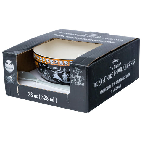 Silver Buffalo Disney Tim Burton's Nightmare Before Christmas Featuring Jack Skellington, Oogie Boogie, Sally, Dr. Finkelstein, Lock, Barrel, and Zero Ceramic Bowl with Color Changing Spoon, 28 Ounces