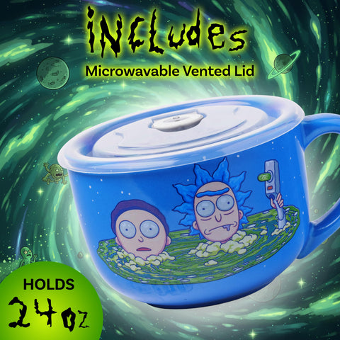 Silver Buffalo Rick and Morty Ceramic Soup Mug with a Vented Plastic Lid, 24 Ounces
