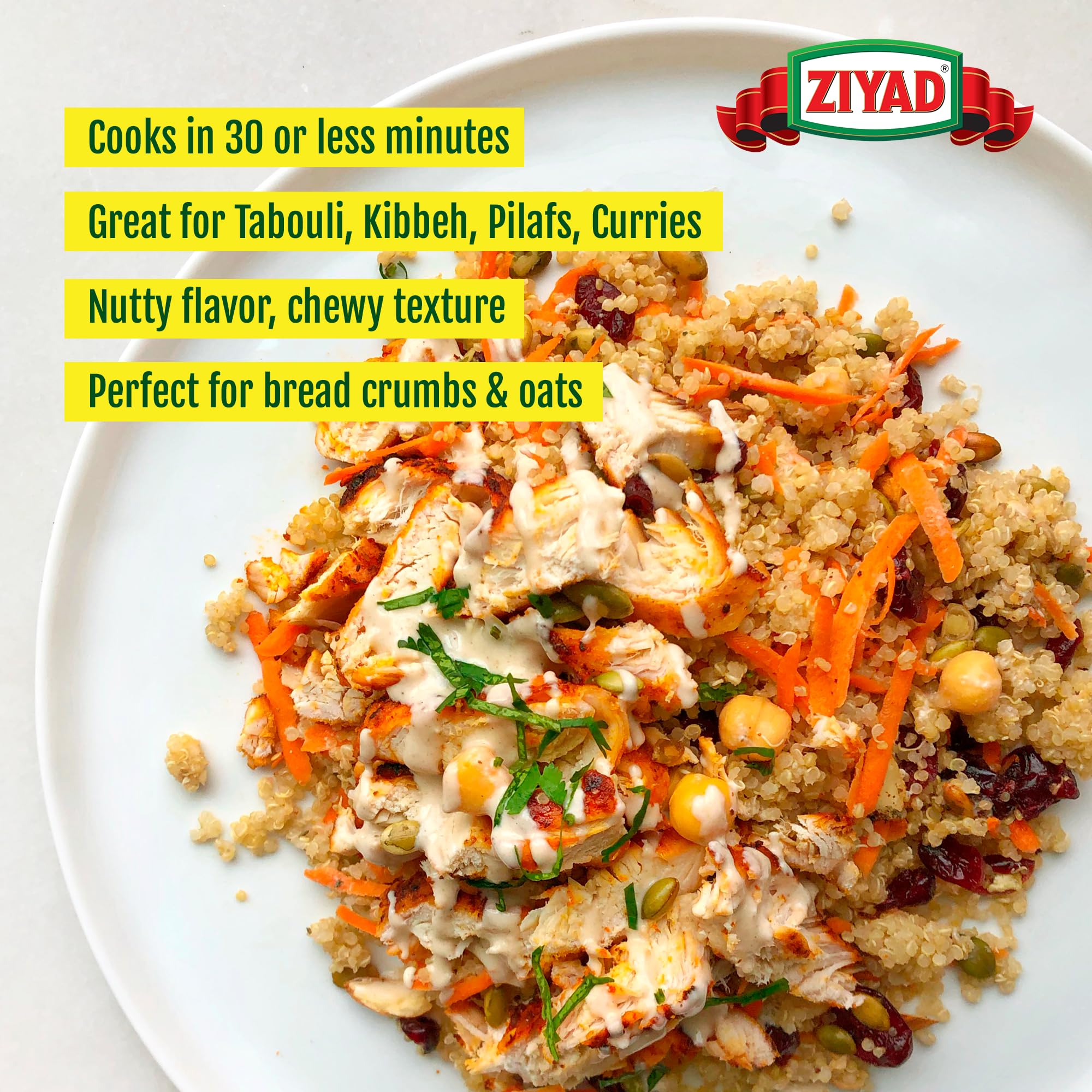 Ziyad Cracked Wheat Bulgur – Fiber-Rich Whole Grain, Nutty Flavor & Chewy Texture – Ideal for Tabbouleh, Kibbeh, Curries, Soups & Salads – Easy 30-Minute Prep, Vegan – No. 2 Medium, 16oz