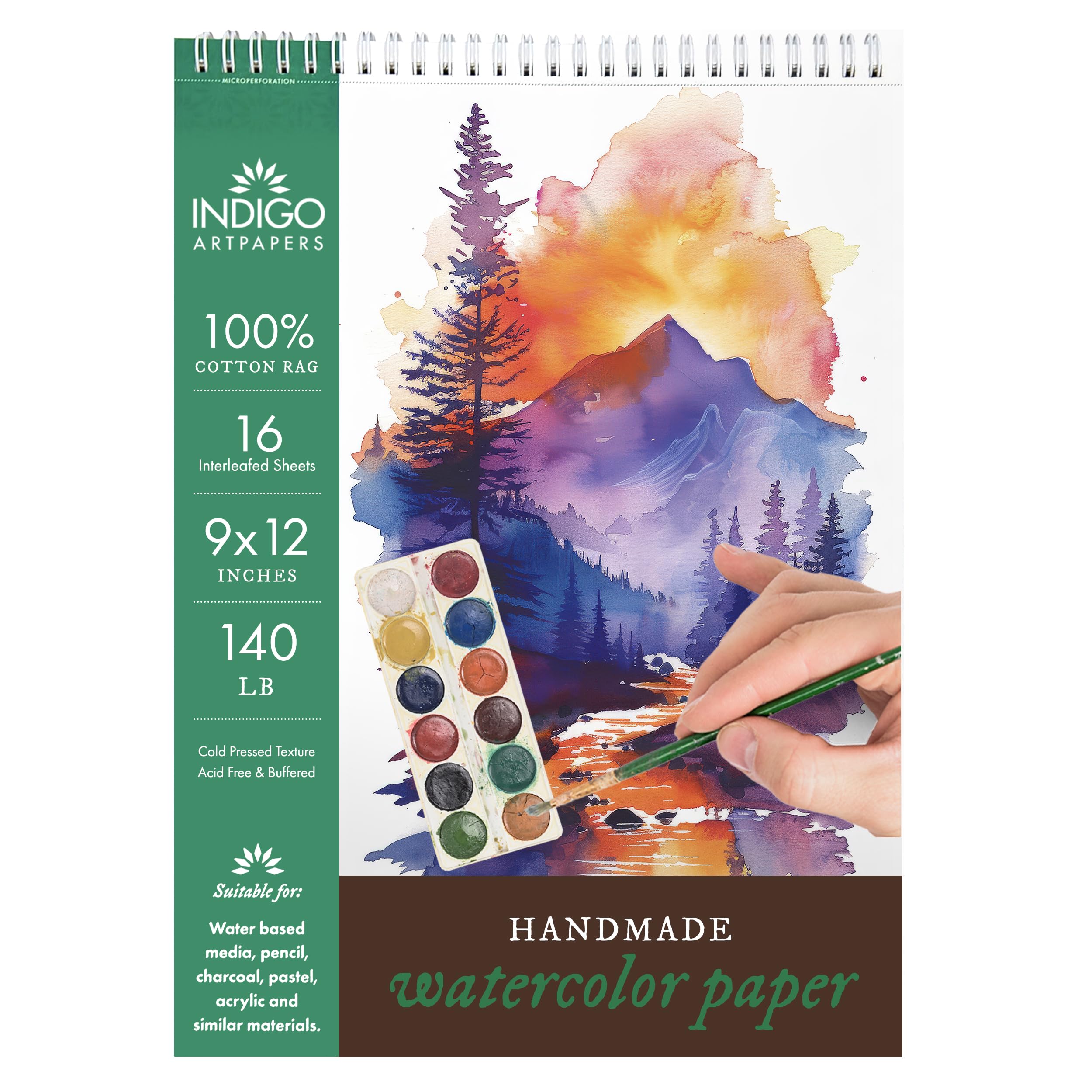 Indigo Artpapers Watercolor Paper Pad, 16 Sheets, 9x12 (140lb/300g) | Handmade 100% Cotton Rag, Cold Pressed Paint Paper, Acid-Free Water Color Paper Pad, Wirebound Watercolor Sketchbook Journal