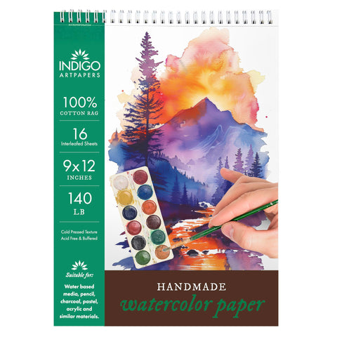 Indigo Artpapers Watercolor Paper Pad, 16 Sheets, 9x12 (140lb/300g) | Handmade 100% Cotton Rag, Cold Pressed Paint Paper, Acid-Free Water Color Paper Pad, Wirebound Watercolor Sketchbook Journal