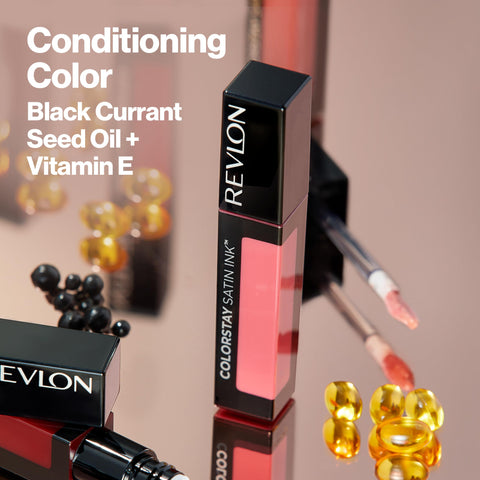 REVLON ColorStay Satin Ink Crown Jewels Liquid Lipstick, Longlasting & Waterproof Lipcolor, Moisturizing Creamy Formula Infused with Black Currant Seed Oil, 038 Citrine Queen, 0.17 fl oz.