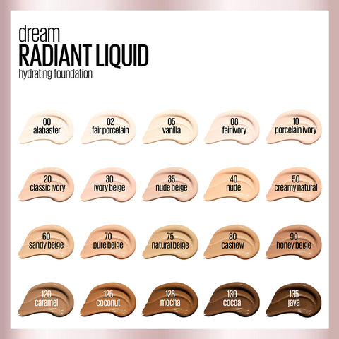 Maybelline Dream Radiant Liquid Medium Coverage Hydrating Makeup, Lightweight Liquid Foundation, Mocha, 1 Fl; Oz
