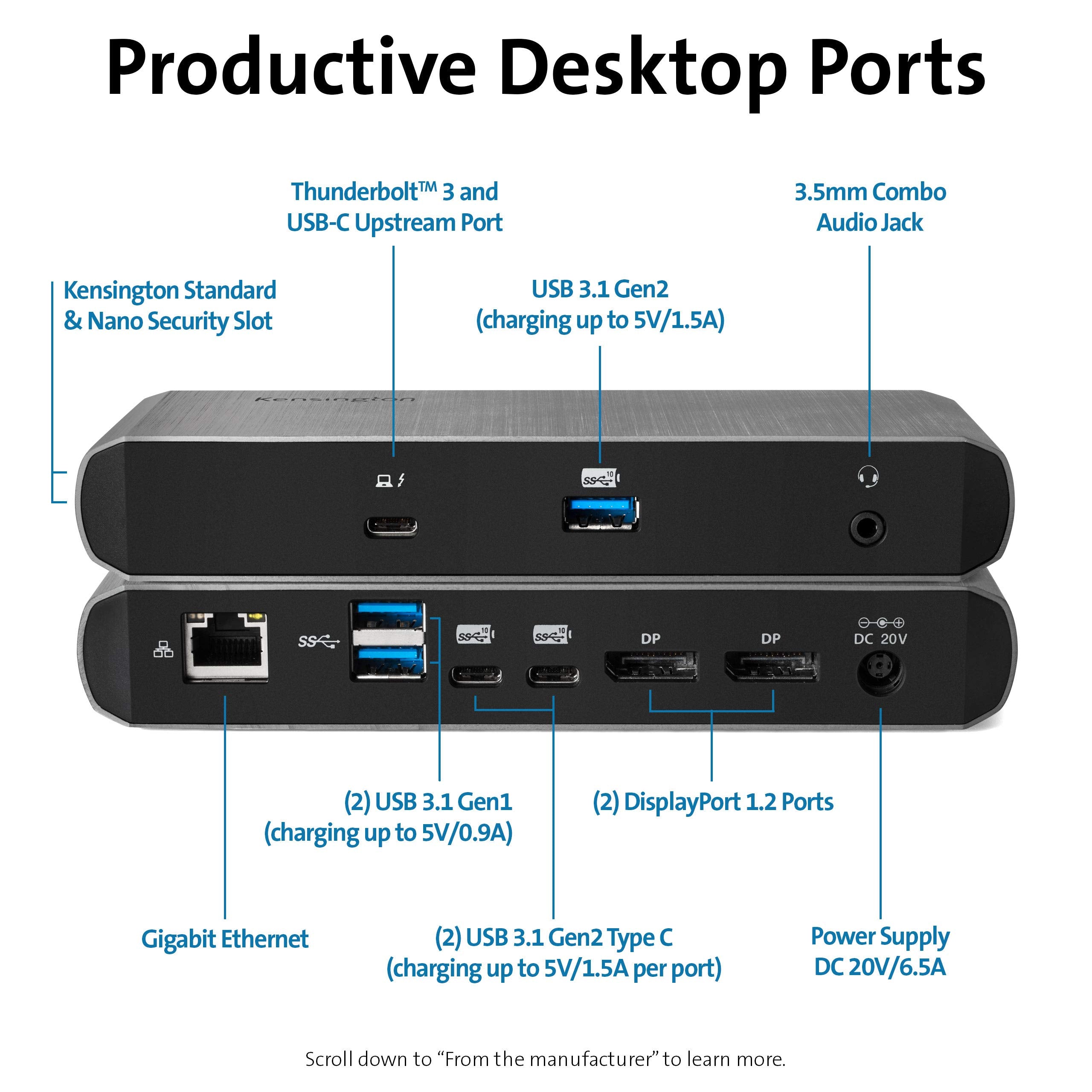 Kensington SD5500T Thunderbolt 3 and USB-C Docking Station, Dual 4K DisplayPort, for Macbooks, Windows and Surface, 60W PD (K38130US)