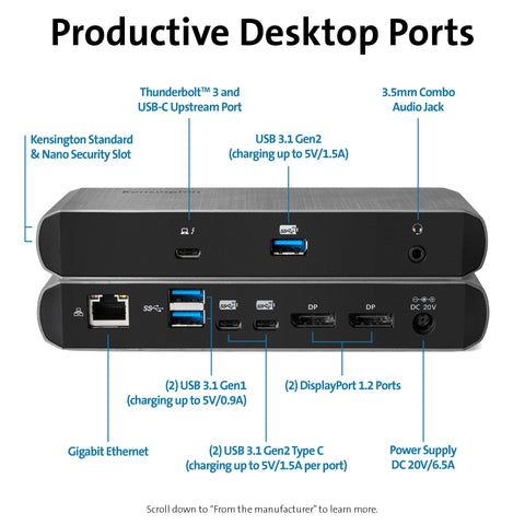 Kensington SD5500T Thunderbolt 3 and USB-C Docking Station, Dual 4K DisplayPort, for Macbooks, Windows and Surface, 60W PD (K38130US)