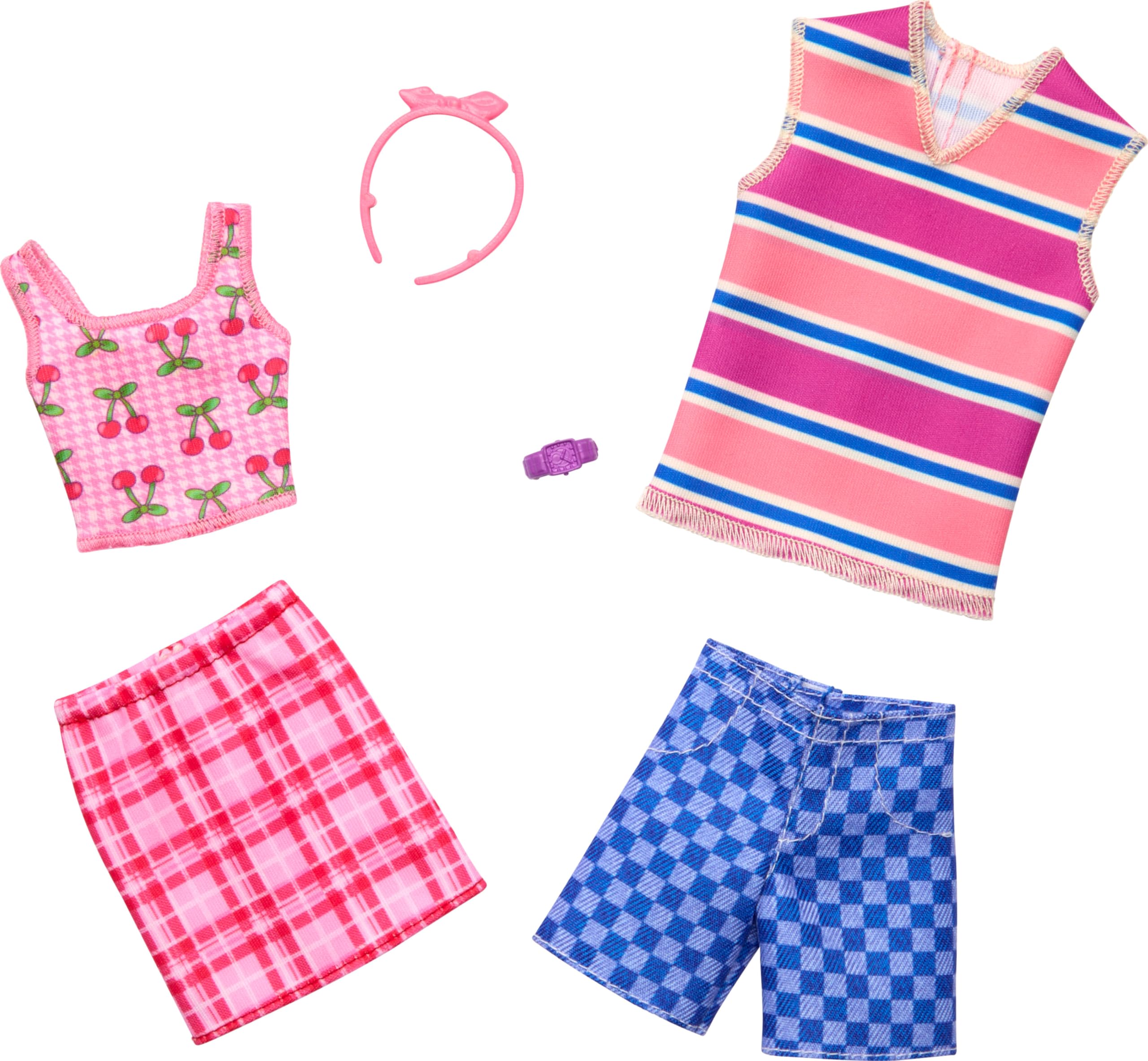 Barbie Clothes Set, Fashion & Accessory Pack for Barbie & Ken Dolls with 2 Complete Looks, Cherry-Inspired Theme