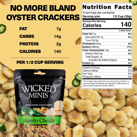 Wicked Minis Soup & Oyster Crackers - Saltine & Salted Flavored Mini Puffed Soup, Savory Snacking Mix, Seasoned Croutons Salad Toppers, Crackers for Chili 6oz (Jalapeno Cheddar, Pack of 1)