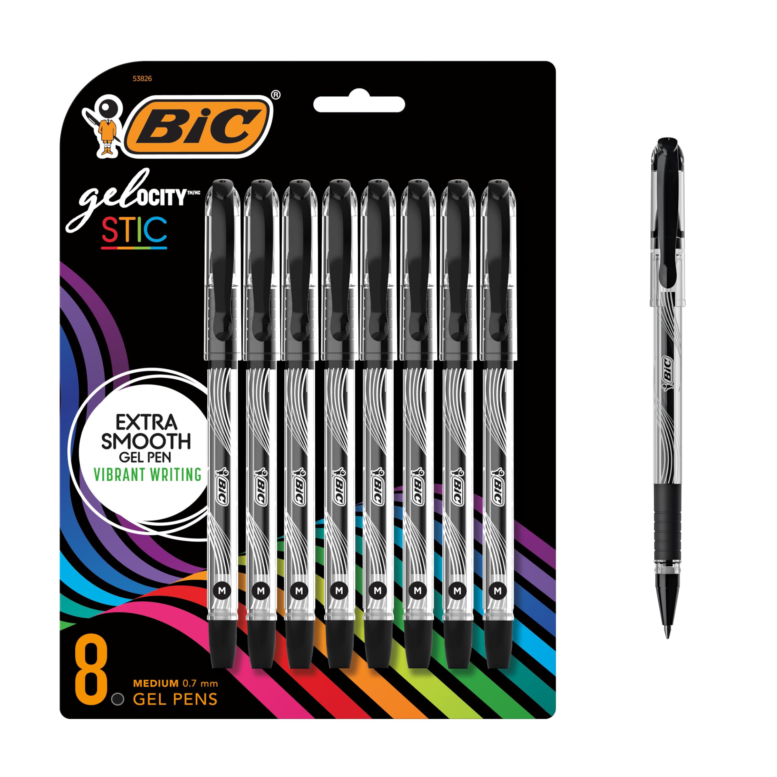 BIC Gel-ocity Smooth Stic Gel Pen, Medium Point (0.7mm), Black Ink, 8-Count, Vibrant and Smooth Gel Ink Pens