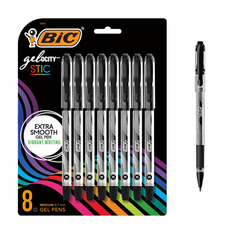 BIC Gel-ocity Smooth Stic Gel Pen, Medium Point (0.7mm), Black Ink, 8-Count, Vibrant and Smooth Gel Ink Pens